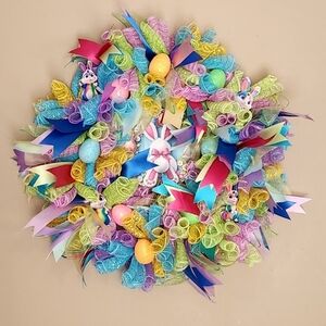 Colorful Easter Wreath on A 14 Inch Wire Ring Made With Ribbons And Deco Mesh